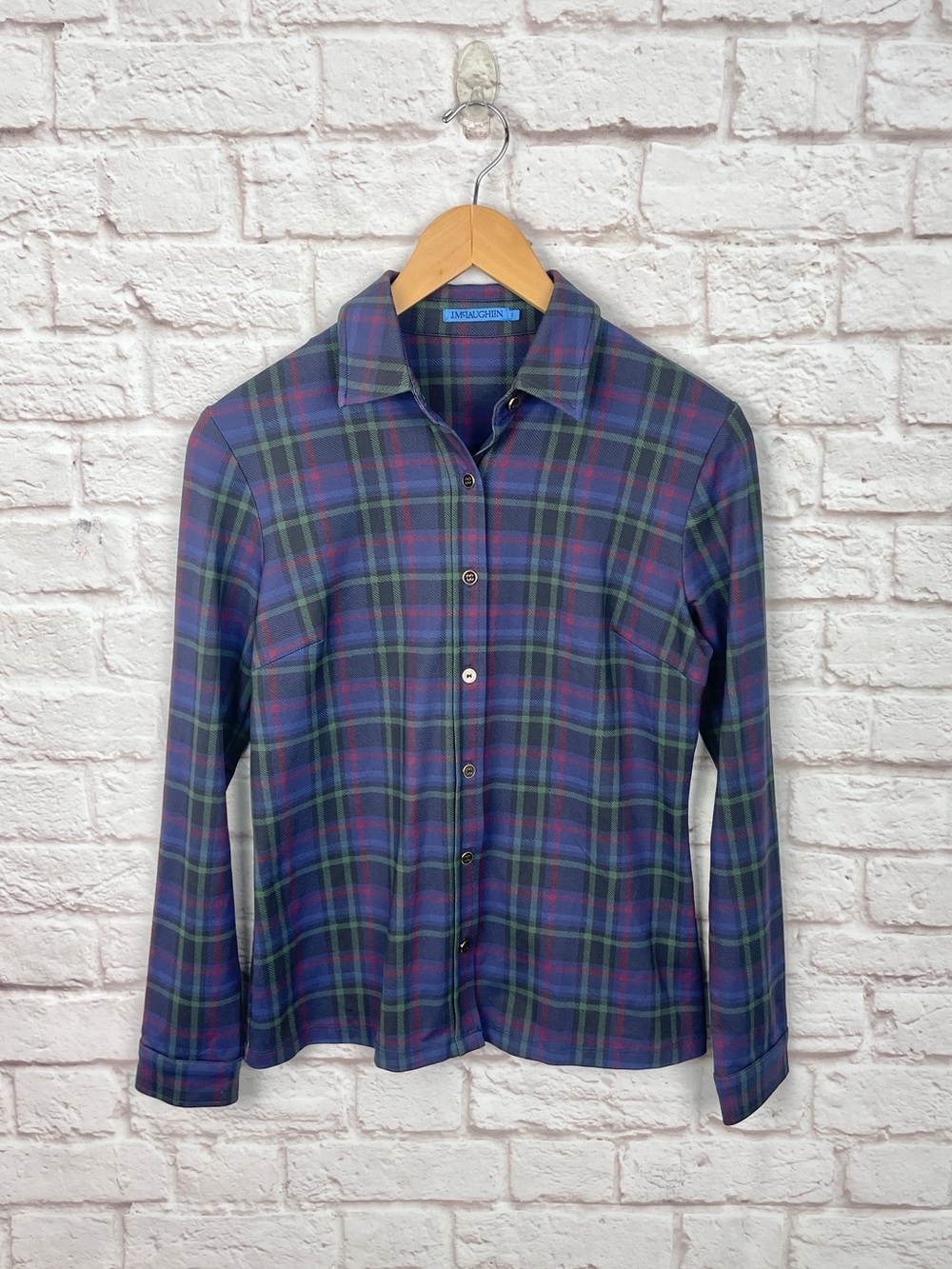 J. McLaughlin Blue Plaid Stretch Button Down Size S
